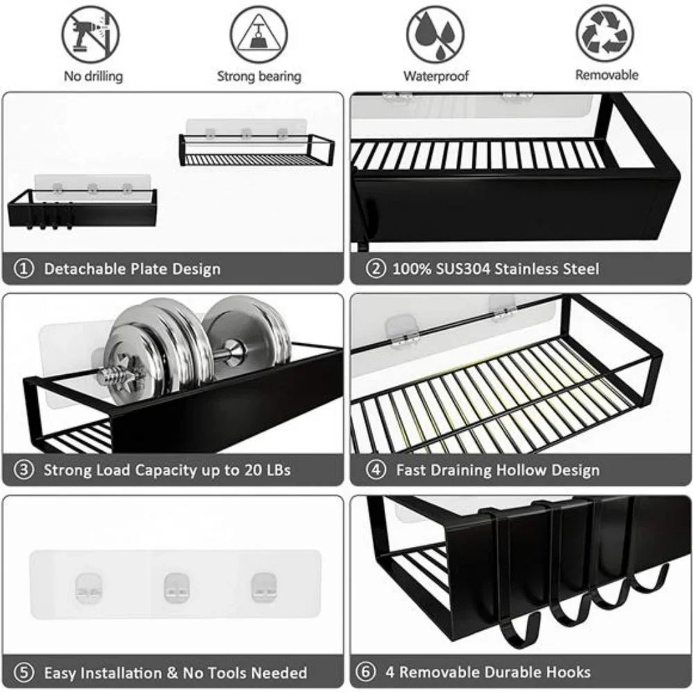 Shower Caddy, Self Adhesive Shower Shelves With Hooks - 2 Pack Black